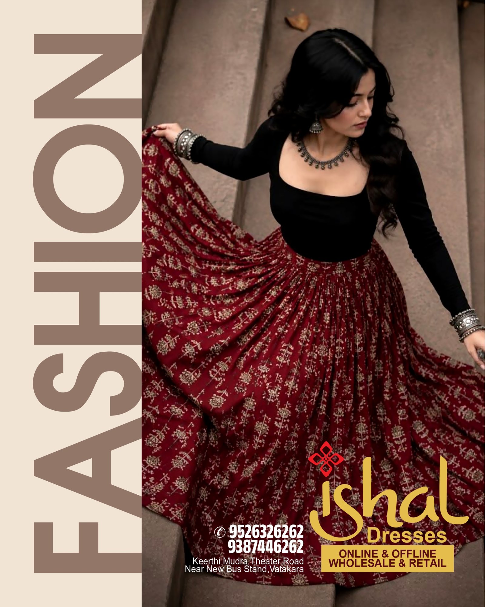Three models showcasing modern Ishal Dresses women’s kurtis in floral plum, red, and patterned grey